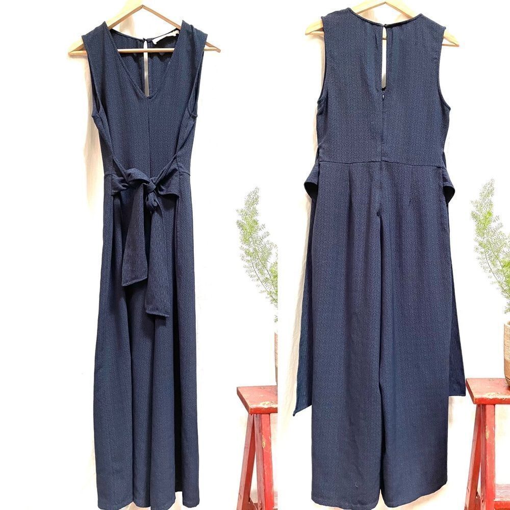 Astr The Label Tie Front Wide Leg Sleeveless Blue Jumpsuit Size Medium
